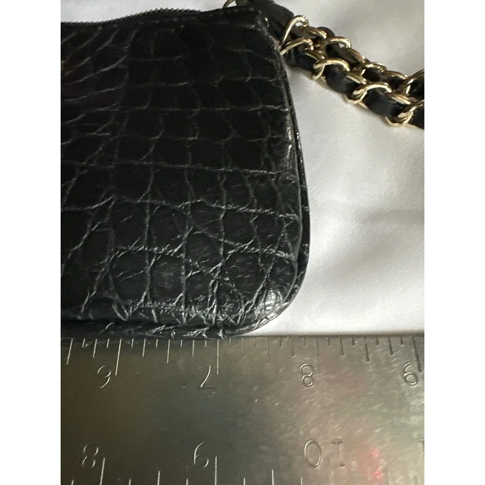 Anne Klein Black‎ Croc Embossed Wristlet Pouch Gold Tone Chain Strap Clutch